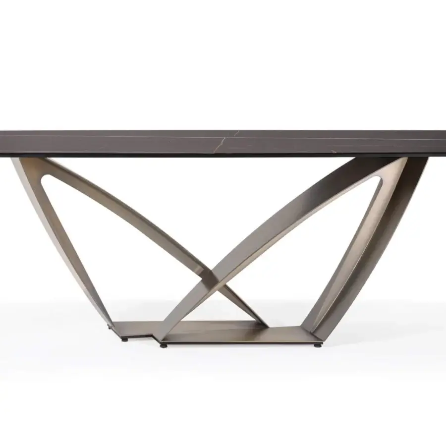 Sophisticated Reflex Apeiron table with curved iron base in muted bronze and dark brown marbled glass top with matte finish