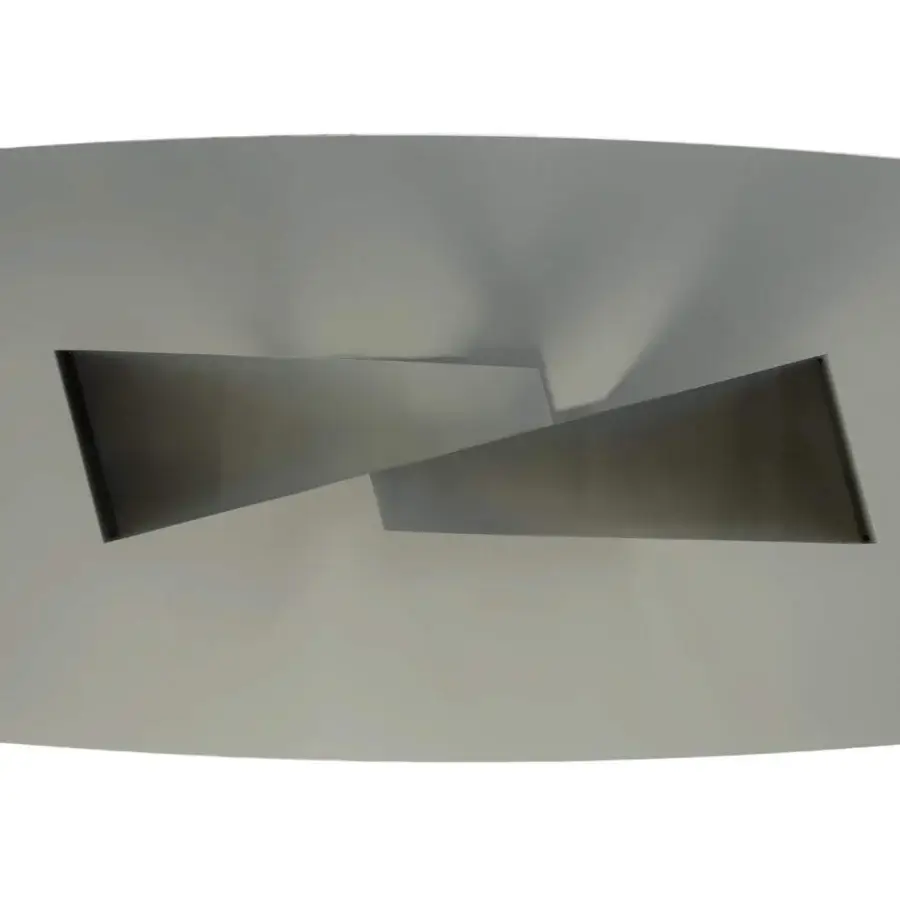 Exceptional Reflex Apeiron table with light gray painted wood and curved iron base exhibiting a geometric cutout with matte finish