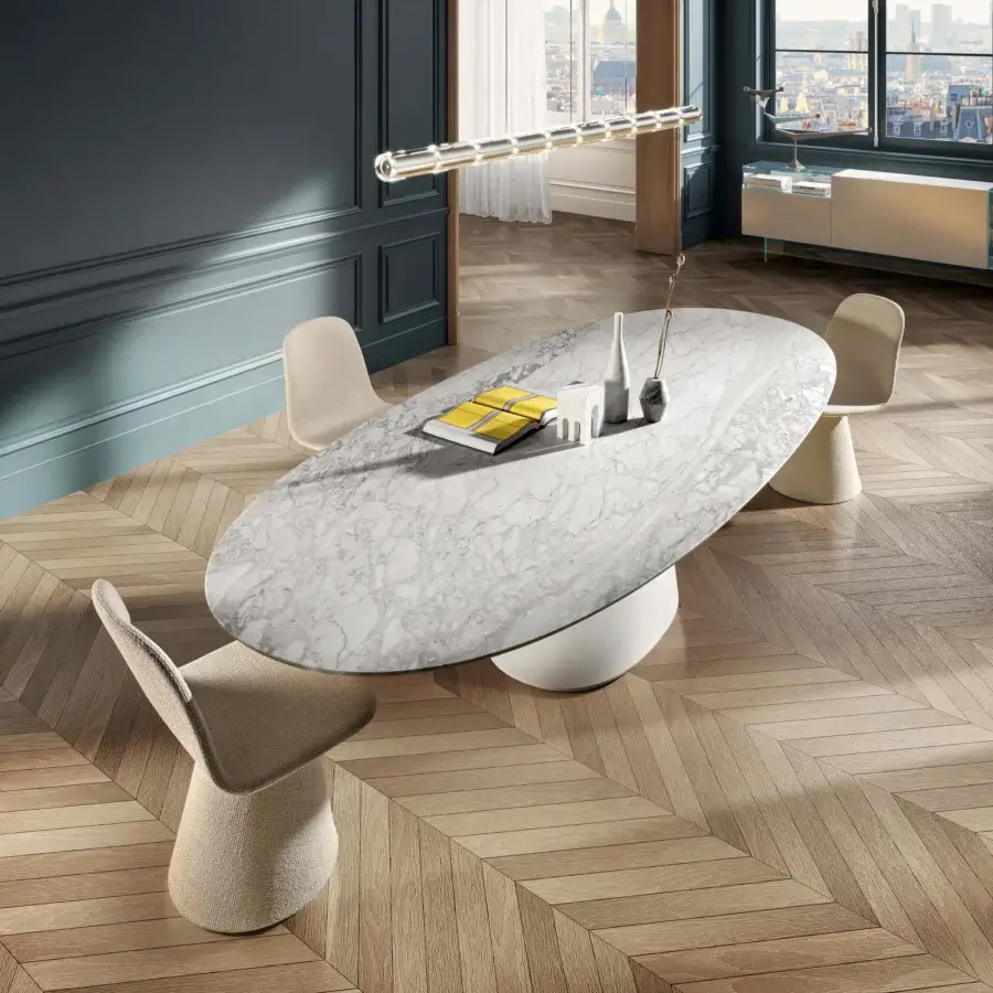 Distinguished Lago Chapeau oval table with sculptural gray marbled glossy top and solid white matte pedestal base