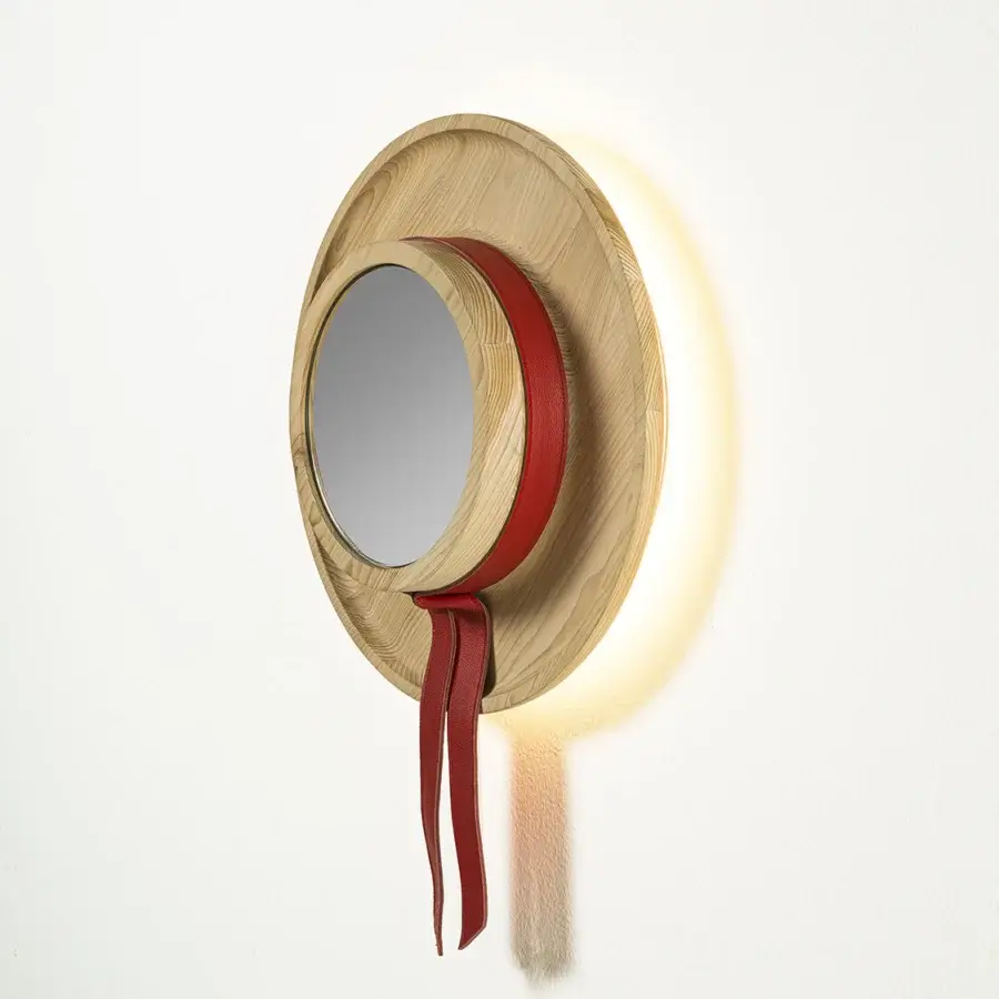 Sophisticated Riva 1920 Cannaregio mirror in light natural solid wood staves with red leather and integrated LED backlighting