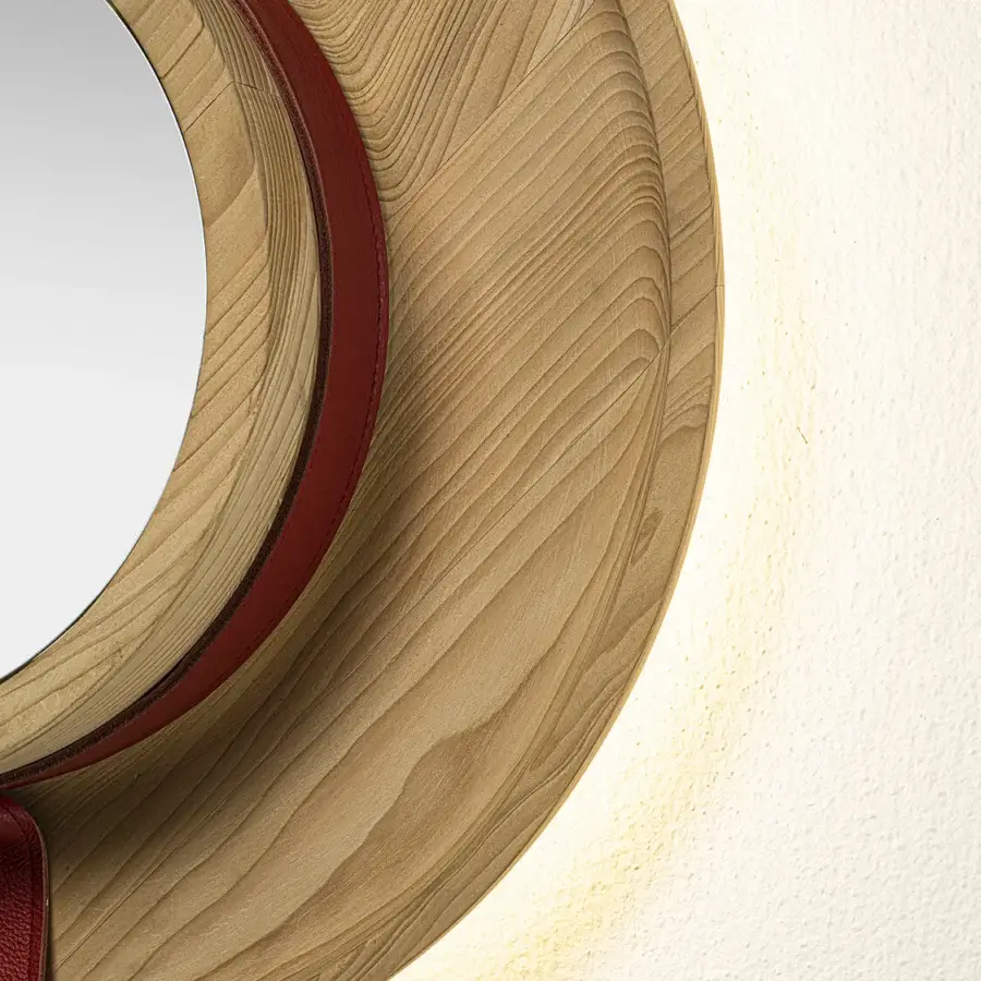 Exquisite Riva 1920 Cannaregio circular mirror in light natural solid wood with red pebbled leather and LED backlighting