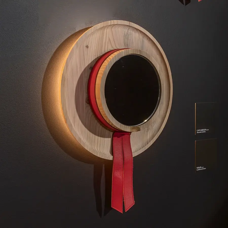 Captivating Riva 1920 Cannaregio circular mirror in light-toned solid wood staves with red leather and LED backlighting