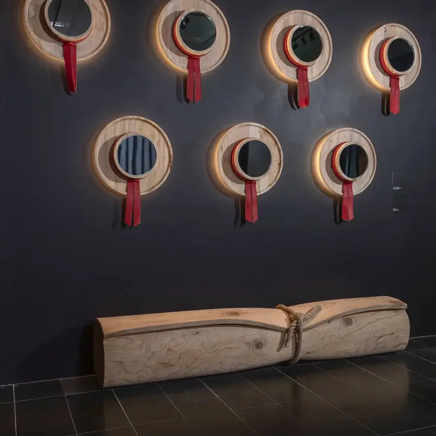 Sophisticated Riva 1920 Cannaregio circular mirror in light natural solid wood staves with red leather and LED backlighting