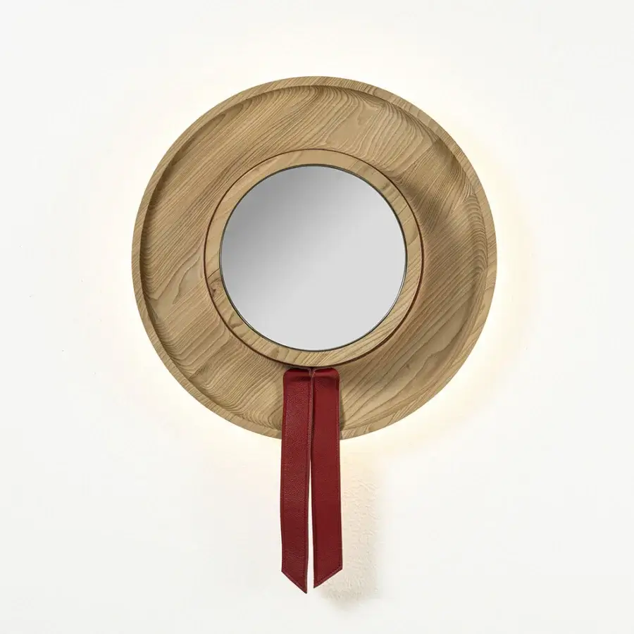 Exquisite Riva 1920 Cannaregio mirror in light natural solid wood staves with red leather insert and LED backlighting