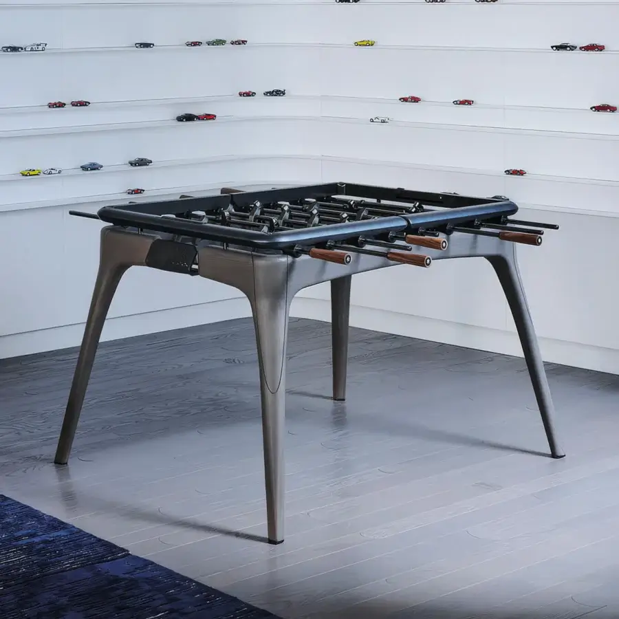 Sophisticated Giorgetti Nereo Foosball Table in muted grey-brown leather with solid ash wood and matte black chrome accents