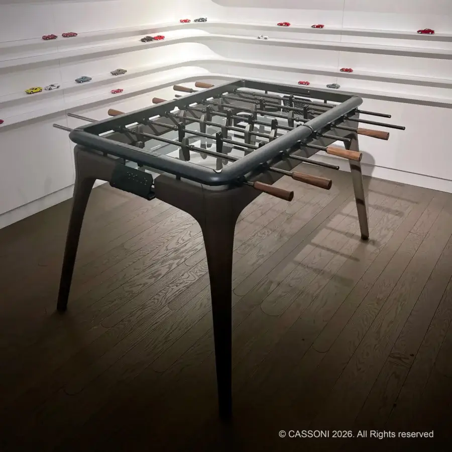 Exquisite Giorgetti Nereo Foosball Table crafted in solid ash wood, matte black chrome metal, leather and smoked glass