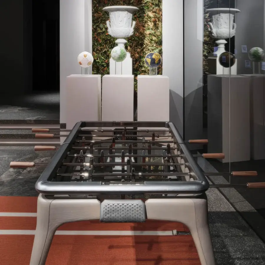 Distinguished Giorgetti Nereo Foosball Table Maserati Edition with light beige solid ash wood and smoked glass