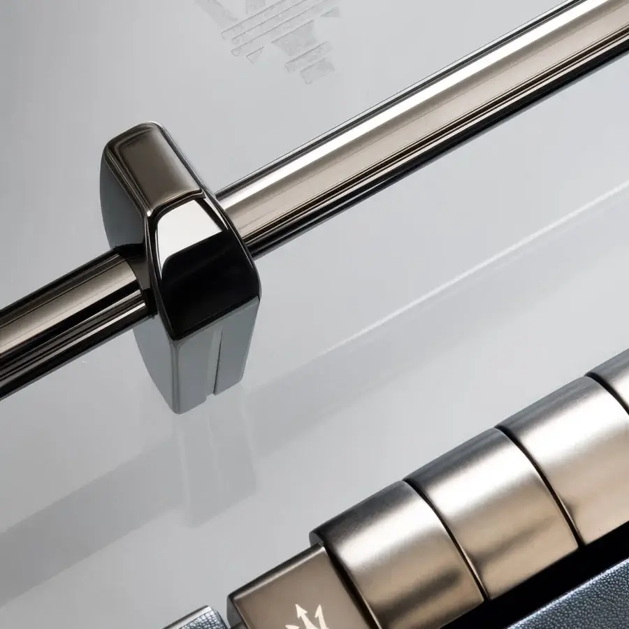 Sumptuous Giorgetti Nereo Maserati Edition foosball table in silver and grey with ash wood, smoked glass, leather frame