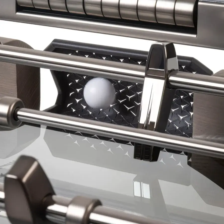 Exceptional Giorgetti Nereo Maserati Edition foosball table in silver, grey, black with solid ash wood and smoked glass