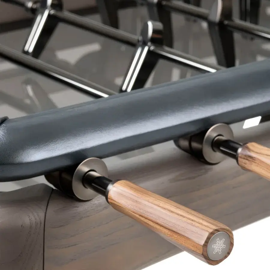 Elite Giorgetti Nereo Maserati Edition foosball table in solid ash wood with Canaletto walnut handles and matte black chrome