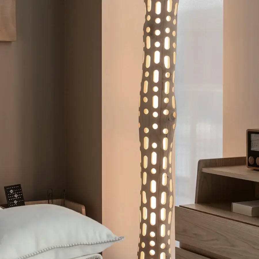 Sophisticated Riva 1920 Cesare Morse floor lamp in light natural solid fragrant Cedar of Lebanon with LED perforations