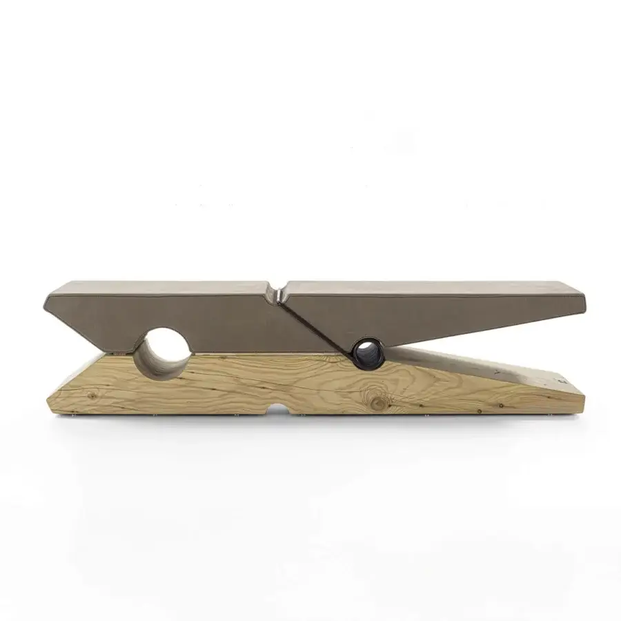 Architectural Riva 1920 Molletta bench in taupe leather and solid fragrant Cedar of Lebanon with Grey Brown lacquer steel spring