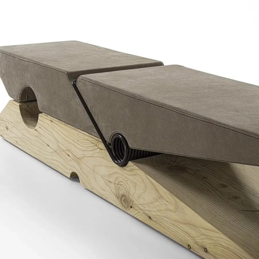 Exceptional Riva 1920 Molletta bench in taupe premium leather and solid fragrant Cedar of Lebanon with Grey Brown lacquer