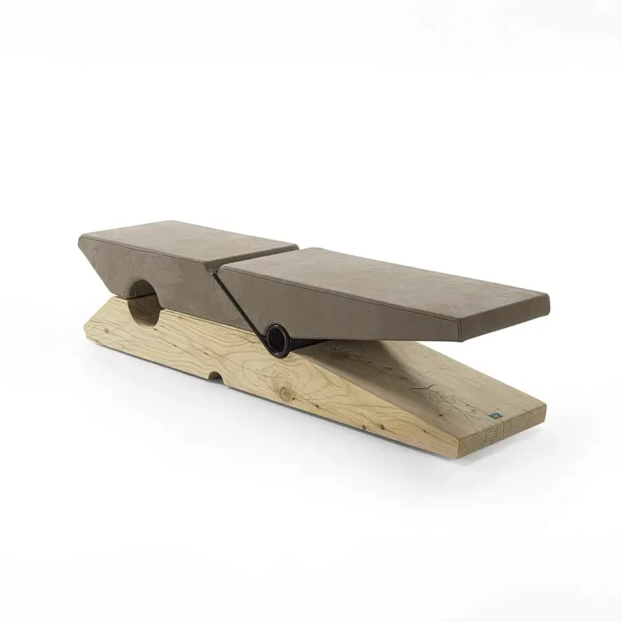 Meticulous Riva 1920 Molletta bench in muted taupe leather and solid fragrant Cedar of Lebanon with grey brown lacquer steel