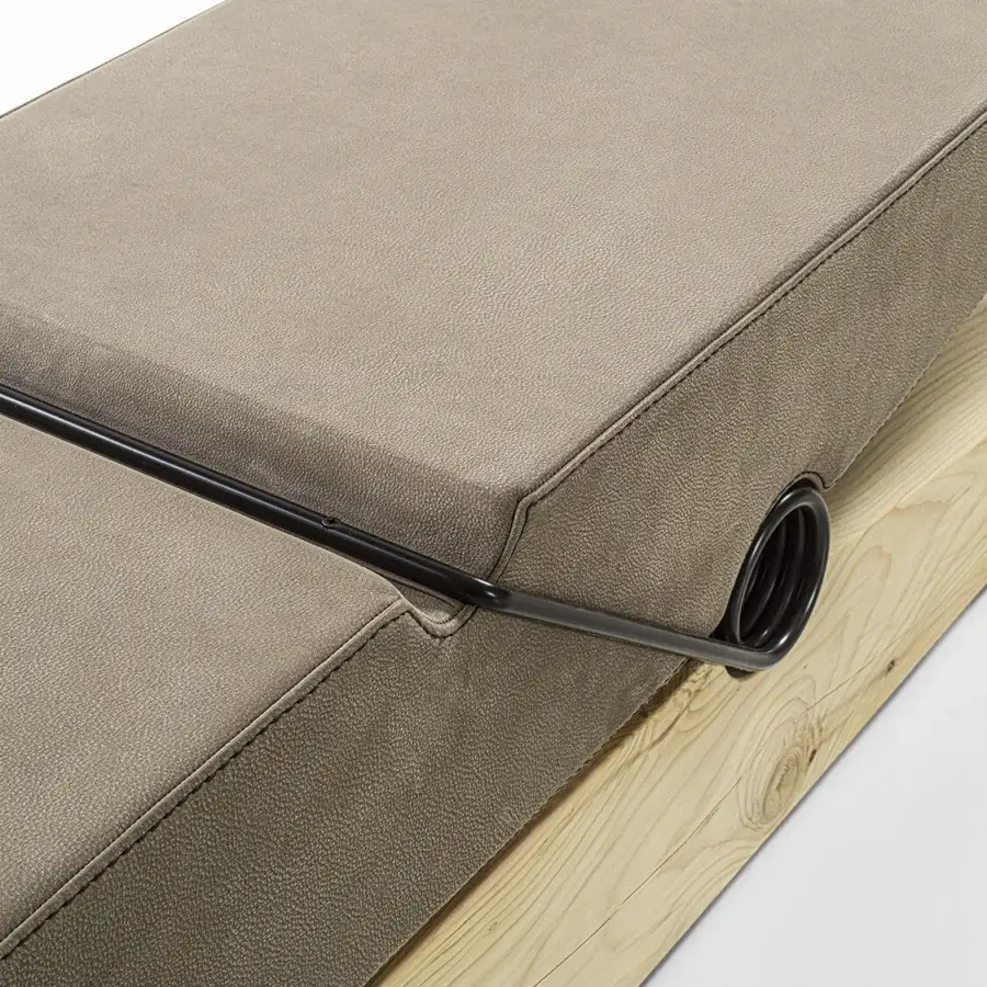 Sleek Riva 1920 Molletta bench in taupe premium leather and solid fragrant Cedar of Lebanon with RAL 8019 grey brown lacquer