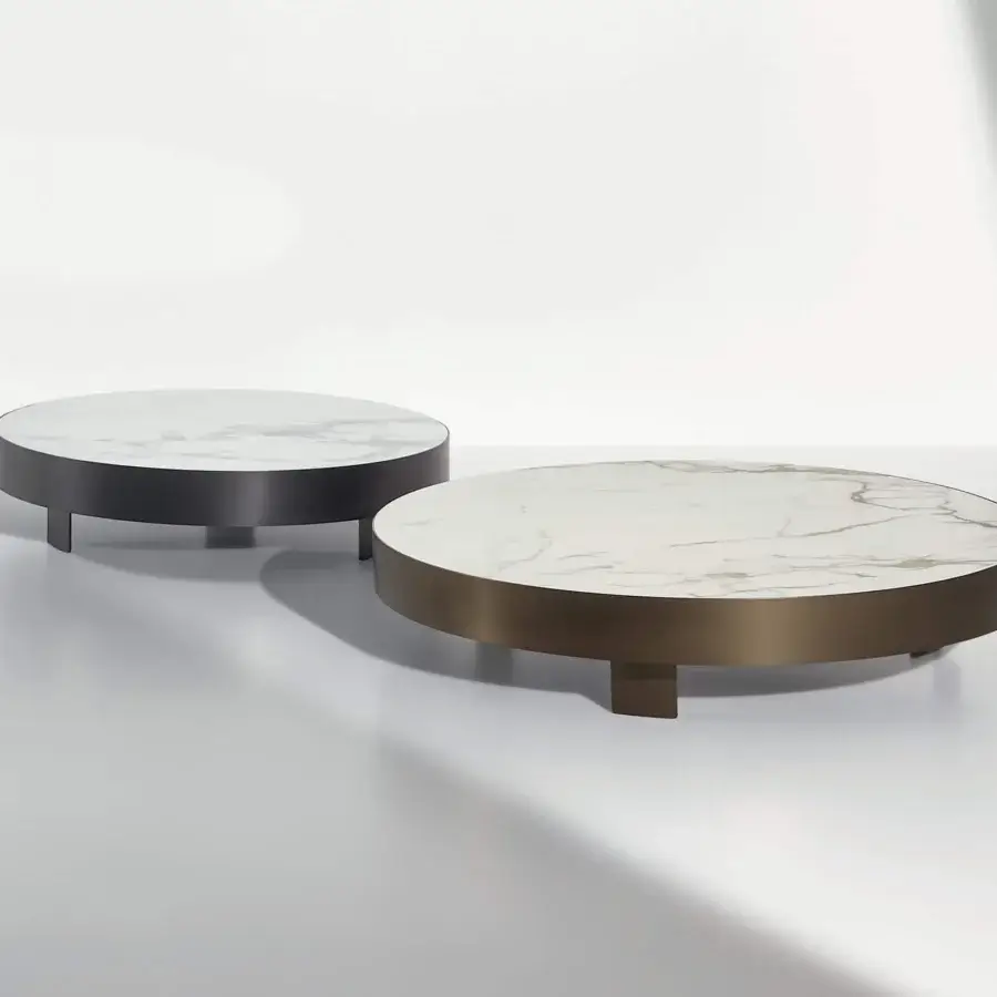 Exclusive Bonaldo Jazz coffee table with light brown faux marble top and bronze metal rim legs