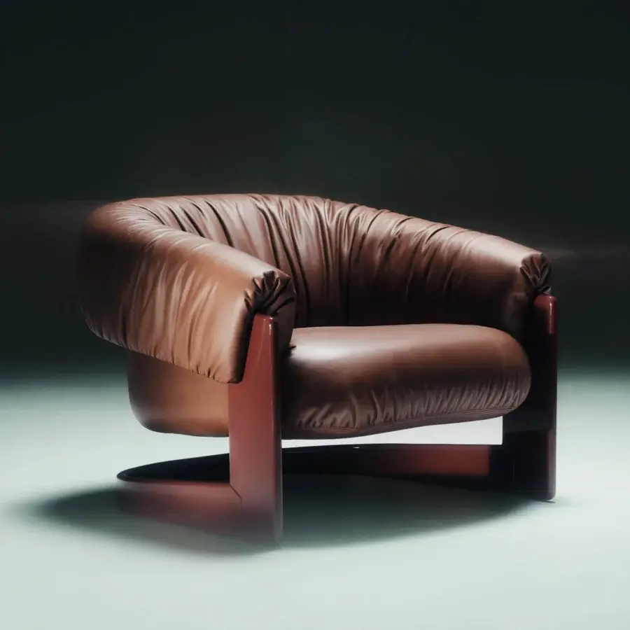 Luxury Visionnaire Hampshire lounge chair in deep brown leather with birch base, curved backrest and armrests private volume