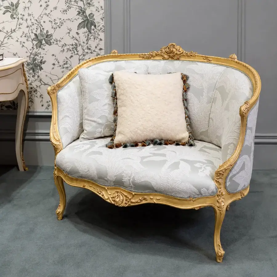 Premium Bellotti Ezio chair with carved wooden frame finished in patinated gold leaf, silver satin upholstery, Rococo silhouette