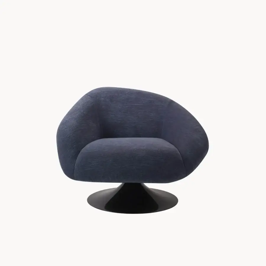 Luxury Visionnaire Bloomington lounge chair with voluminous polished metal shell, deep navy blue woven upholstery, suspended on black trumpet base