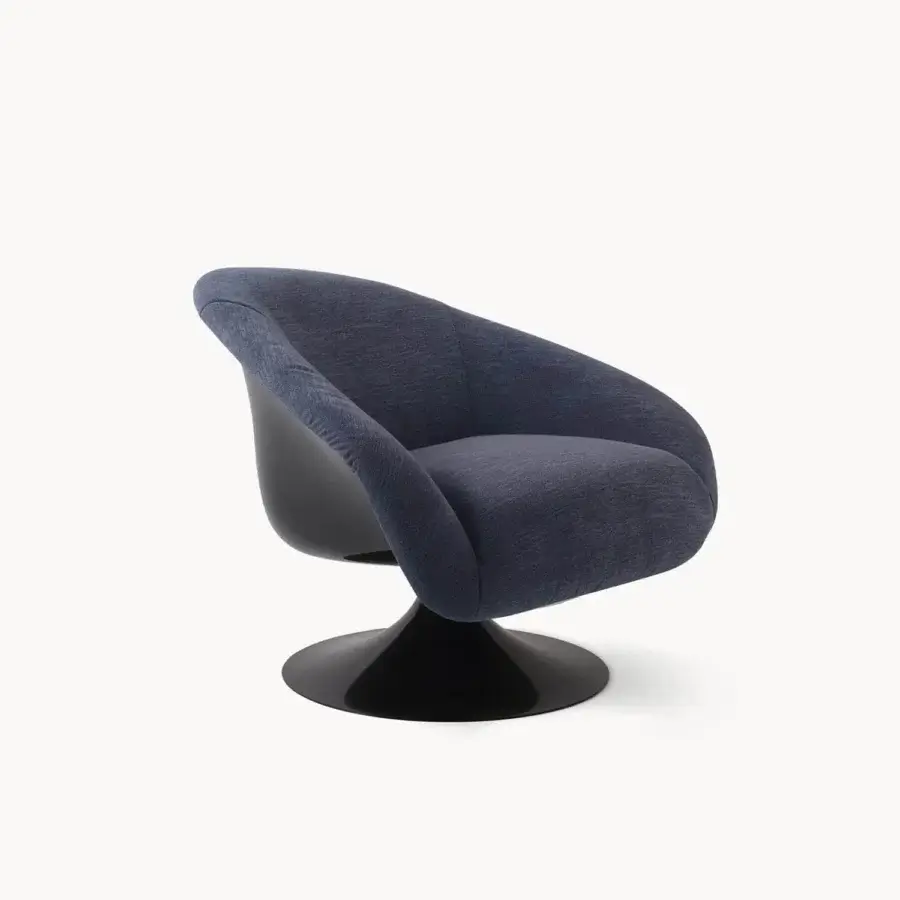 Elegant Visionnaire Bloomington lounge chair with dark‑blue textile upholstery and glossy black synthetic shell and trumpet‑shaped pedestal