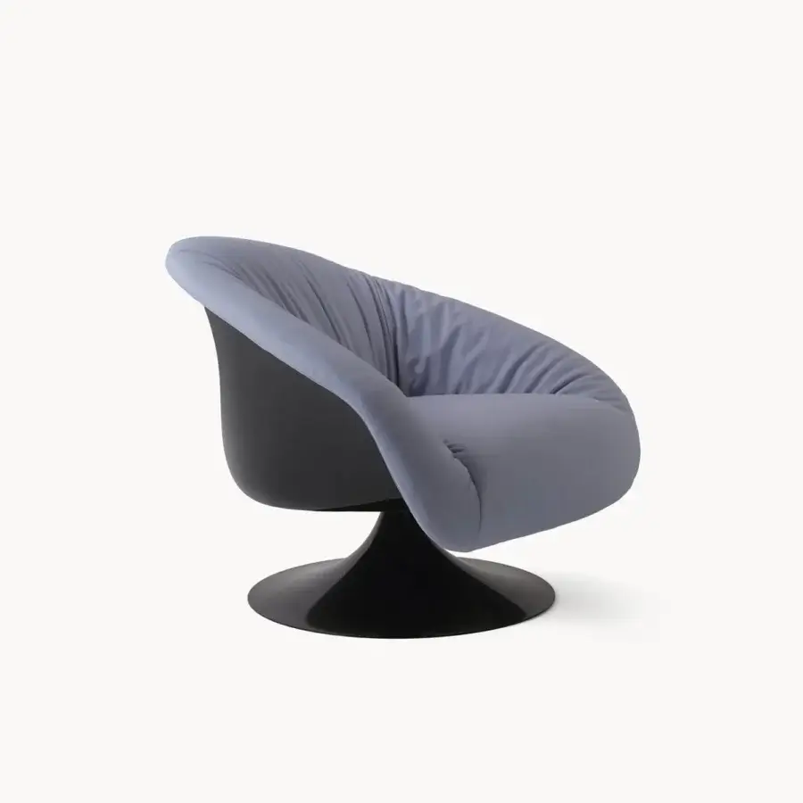 Luxury Visionnaire Bloomington lounge chair with high‑gloss reflective black shell, periwinkle‑tinted plush seat, sleek conical pedestal