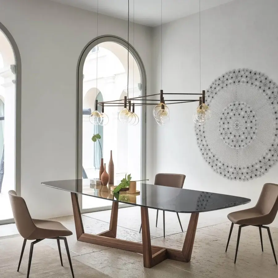 Distinctive Bonaldo Art Wood table with transparent glass top and solid American walnut wood base in a smooth brown finish
