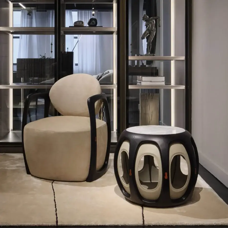 Premium Giorgetti Yuan Side Table with round veined marble top, dark ash matte frame, cream leather interior, Pau Ferro legs