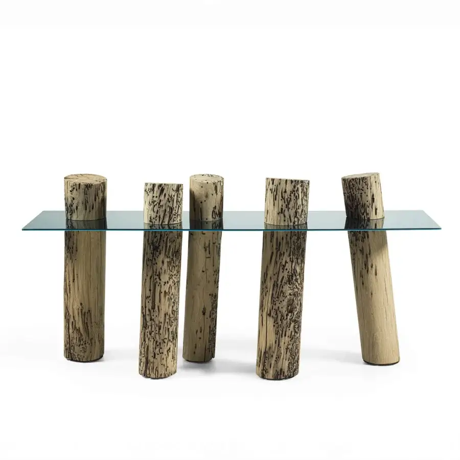 Luxury console with reflective light-blue mirror steel top and deep brown Briccola wood crafted underframe