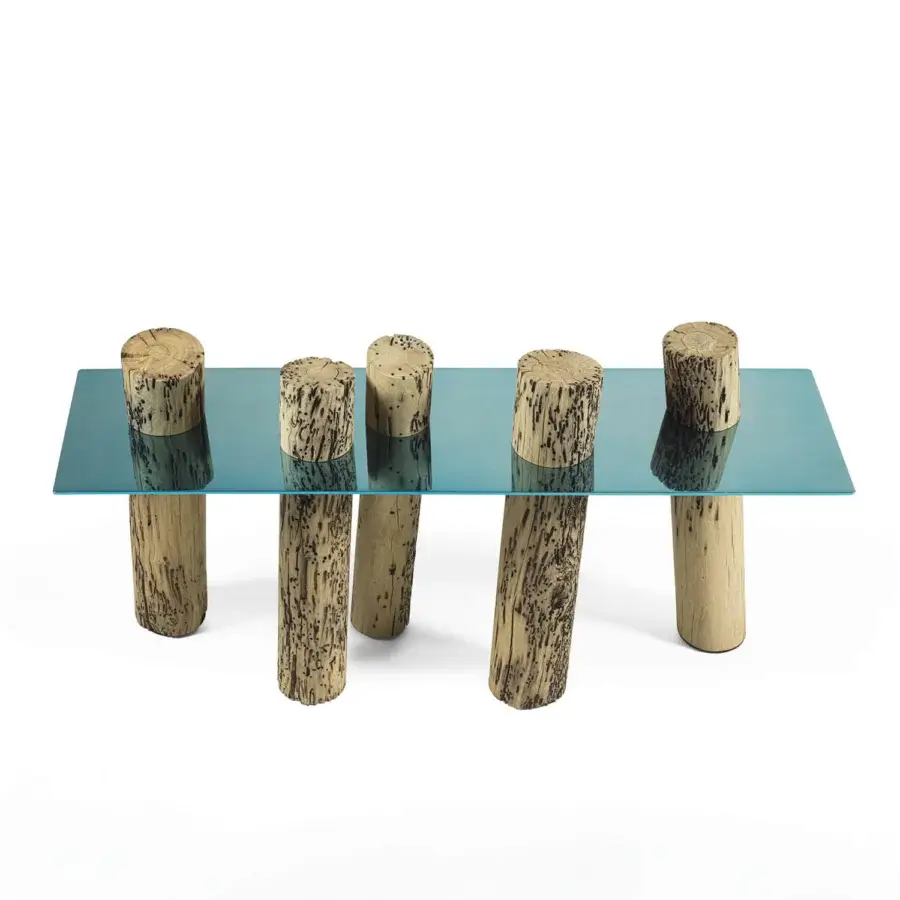 Fine Riva 1920 Venice 100+6 console with light‑blue glossy glass tabletop and bark‑textured wood legs and steel accents