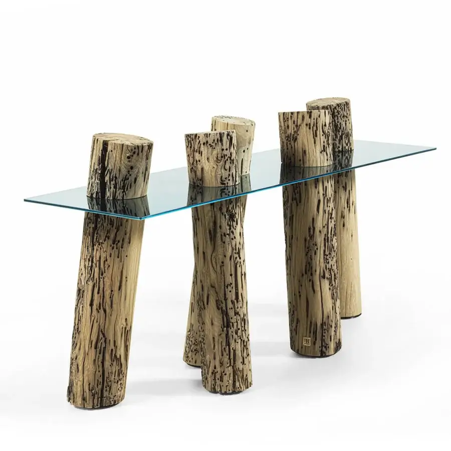 Luxury Riva 1920 Venice 100+6 console with polished steel light‑blue mirror top and warm Bricolla‑wood vertical frame
