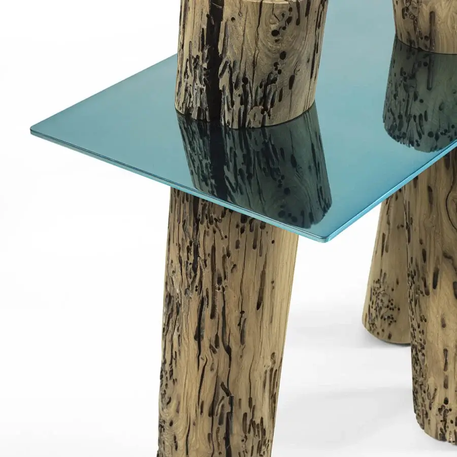 Premium Riva 1920 Venice 100+6 console with polished steel light‑blue mirror top and raw Briccola wood legs