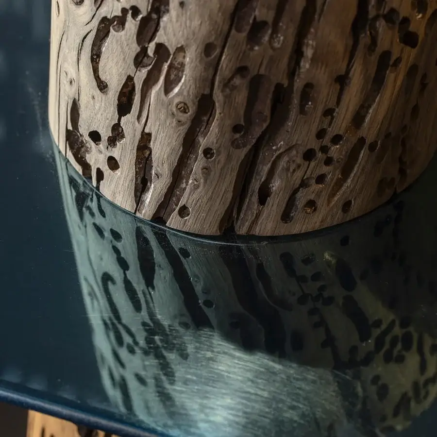 Sophisticated Riva 1920 Venice console with steel top reflected light‑blue mirror atop Briccola wood base glossy surface