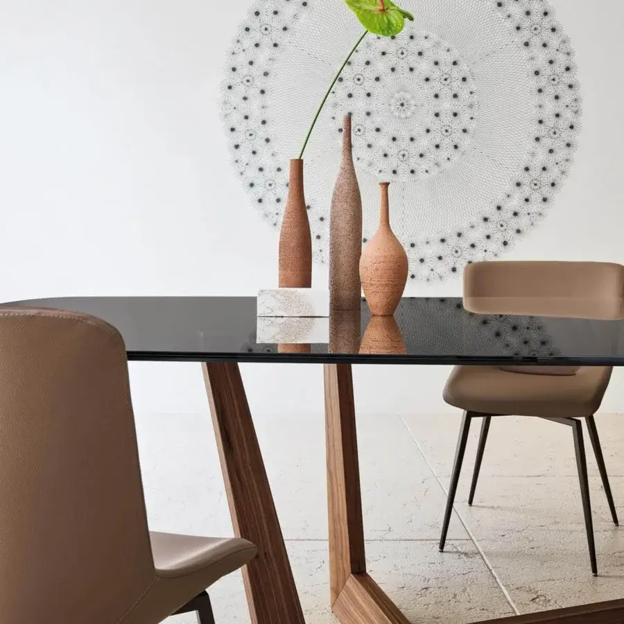 Superior Bonaldo Art Wood table with a refined transparent glass top and dynamic solid American walnut wood base