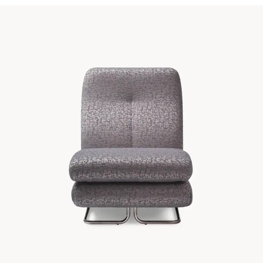Distinguished Visionnaire Cigno lounge chair with purple‑grey textured textile seat and polished chromed tubular metal base and C‑shaped frames