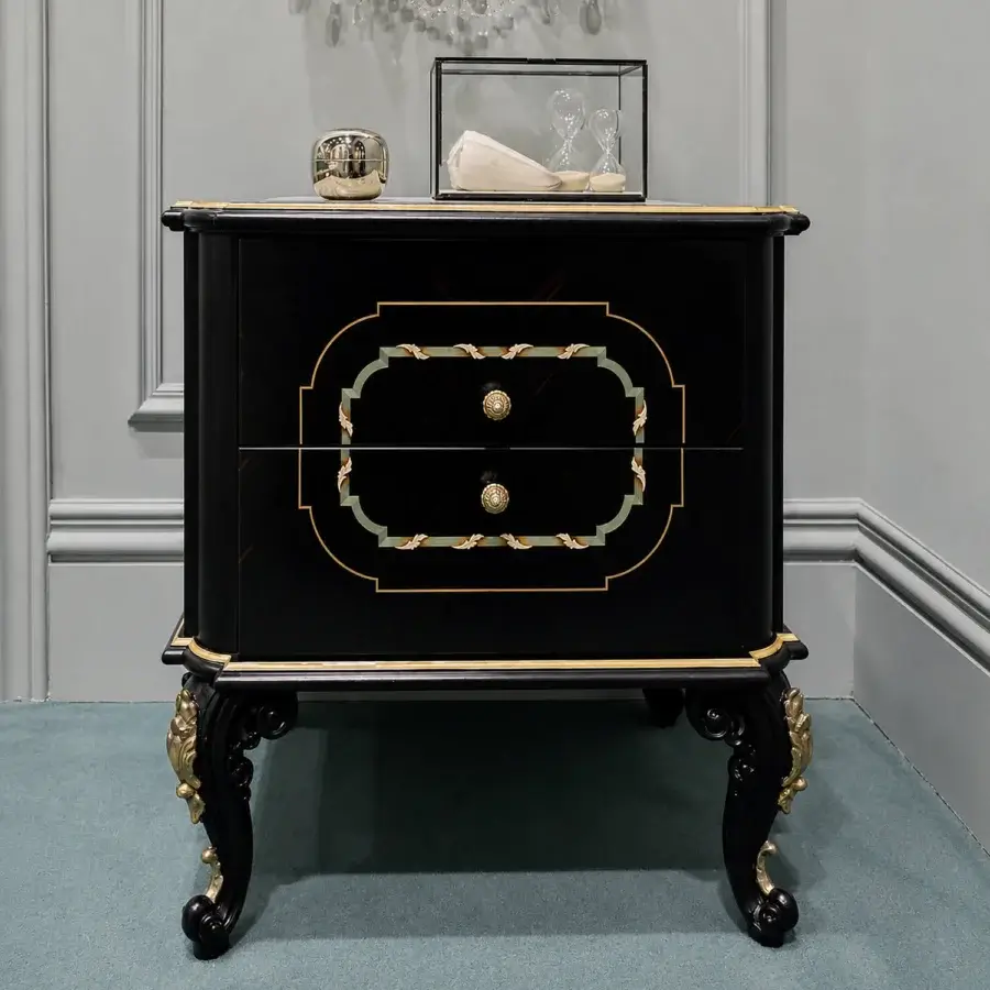 Luxury Bellotti Ezio’s nightstand with ebony core, Antigua marble top, canaletto walnut, leaves, lacquered legs gold accents