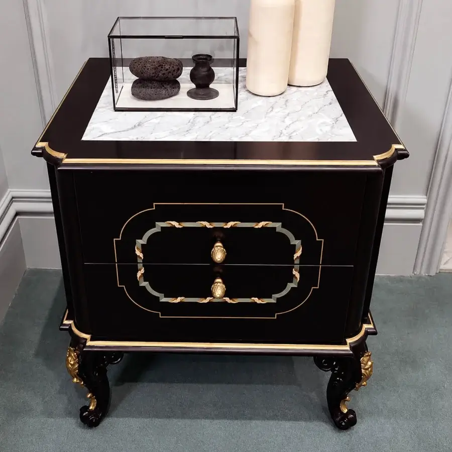 Distinguished Bellotti Ezio nightstand with glossy ebony wood, black lacquer finish, Antigua marble slab, mother‑of‑pearl leaf inlays