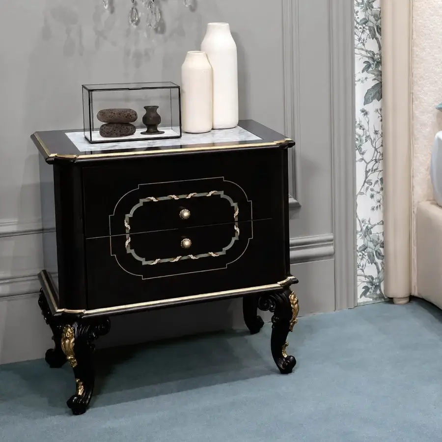 Exclusive Bellotti Ezio nightstand with ebony black lacquered tempera body, Antigua marble top, canaletto walnut, birch fillet