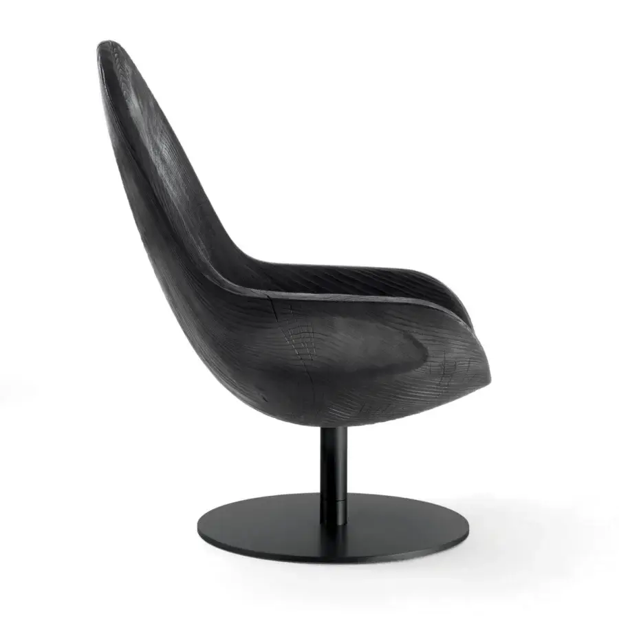 Sophisticated Riva 1920 Creus lounge chair made from cedar of Lebanon, dark charcoal finish, tubular iron pillar on circular base