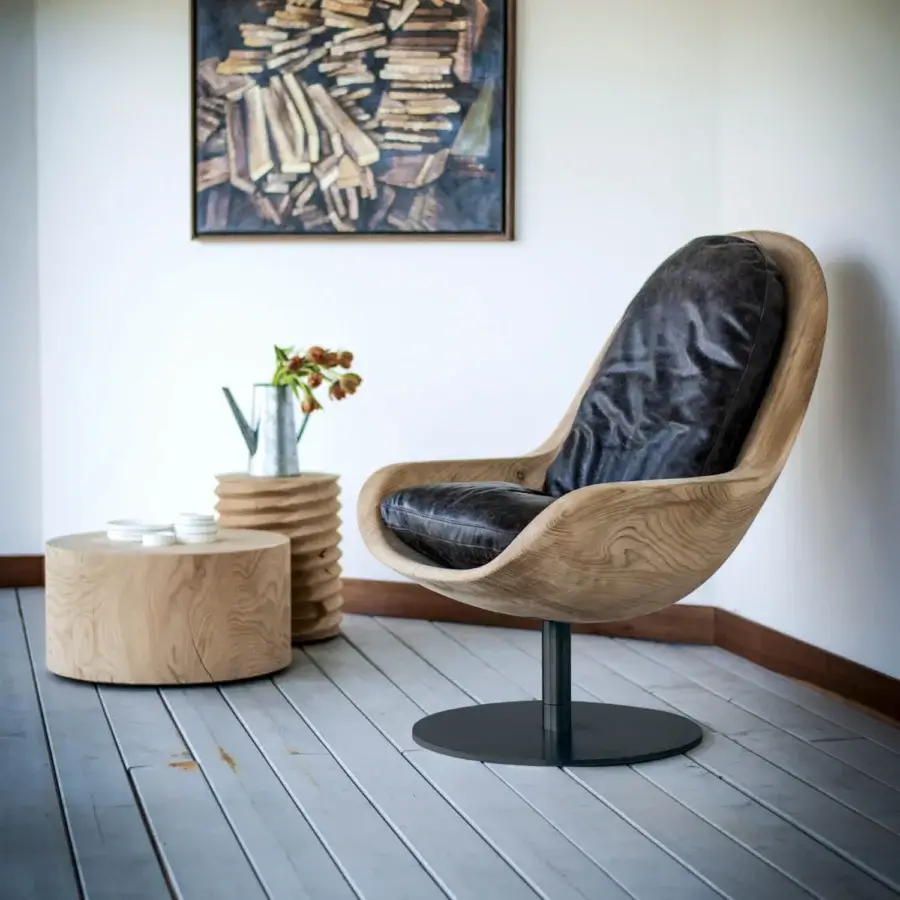 Luxury Riva 1920 Creus lounge chair from cedar Lebanon block, satin light‑brown beige finish, seat, matte iron leg