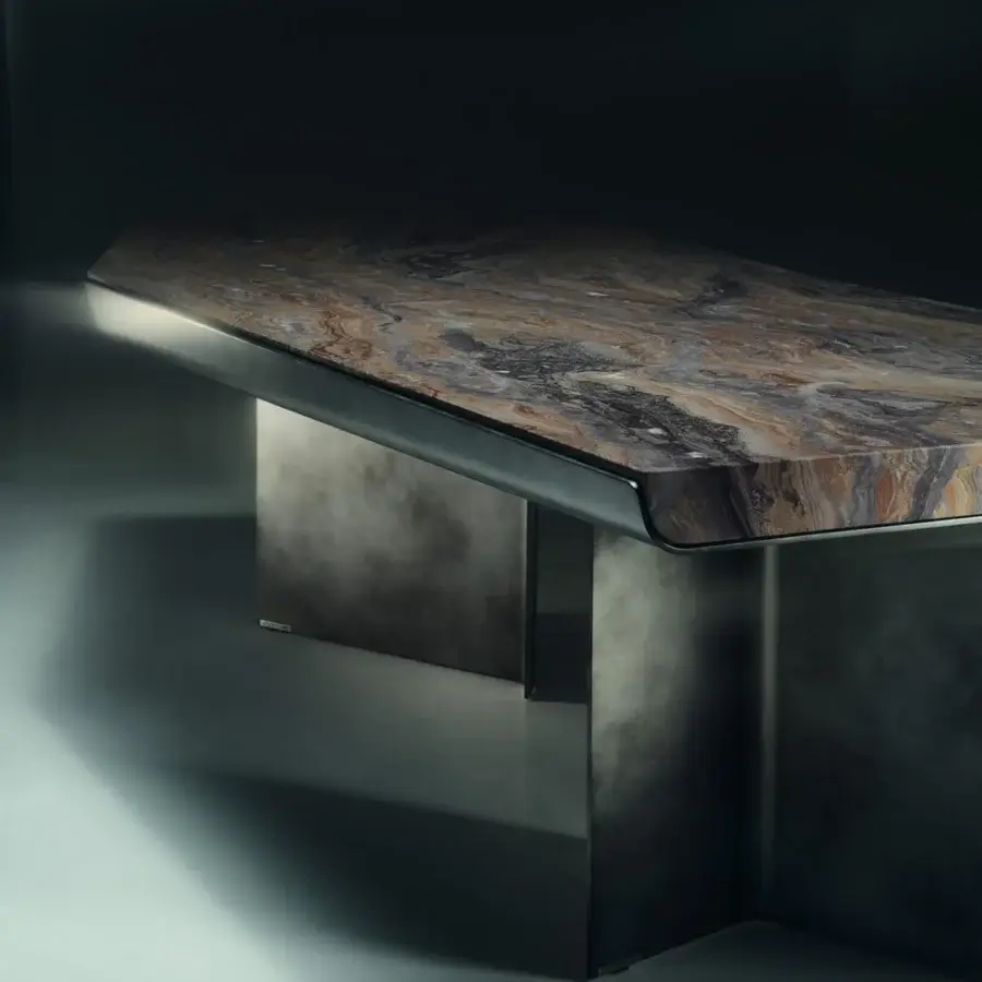 Luxury Visionnaire Catskill table with polished marble slab swirling brown ochre veining and matte charcoal metal base