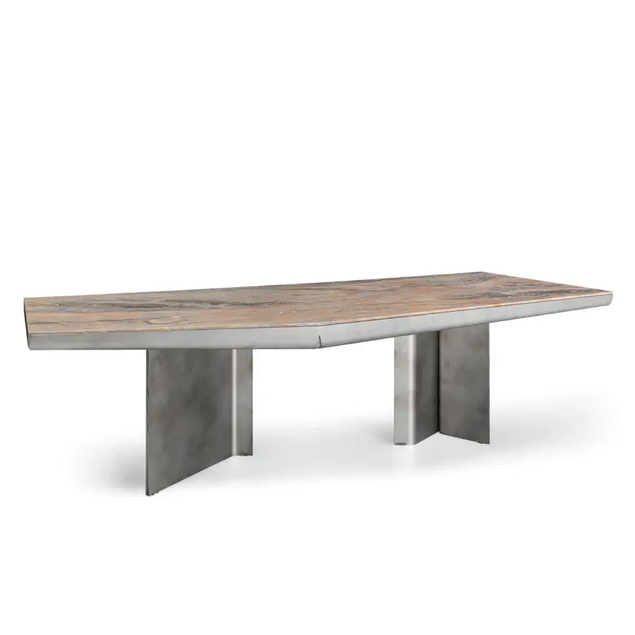 Premium Visionnaire Catskill table with polished marble top veined in warm browns, tans and greys, paired with matte grey metal legs and apron