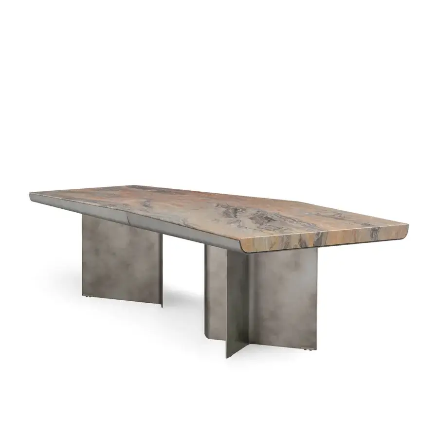 Luxury Visionnaire Catskill table with polished marble slab veined in beige, grey, terracotta, surrounding matte metal trim and two grey‑satin metal bases.