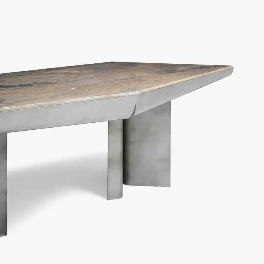 Elegant Visionnaire Catskill table with beige, brown, grey veined marble top and satin‑finished metal apron and slab legs