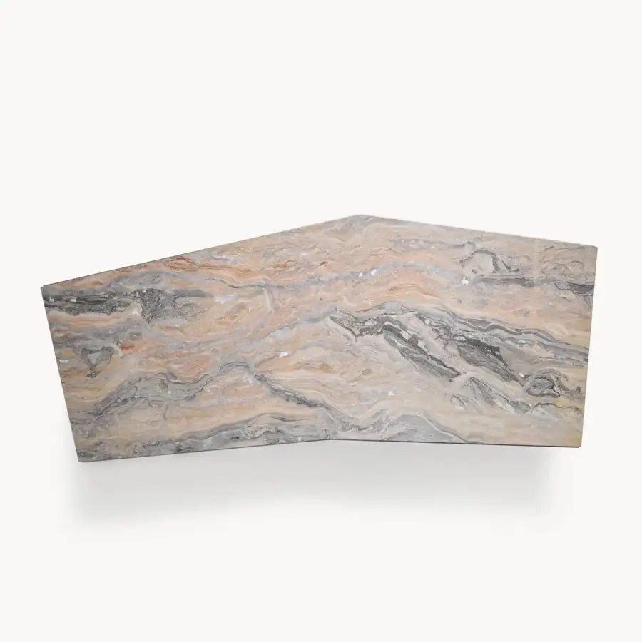 Luxury Visionnaire Catskill table with a single polished marble slab in beige, cream, grey, charcoal veining and angular polygonal shape