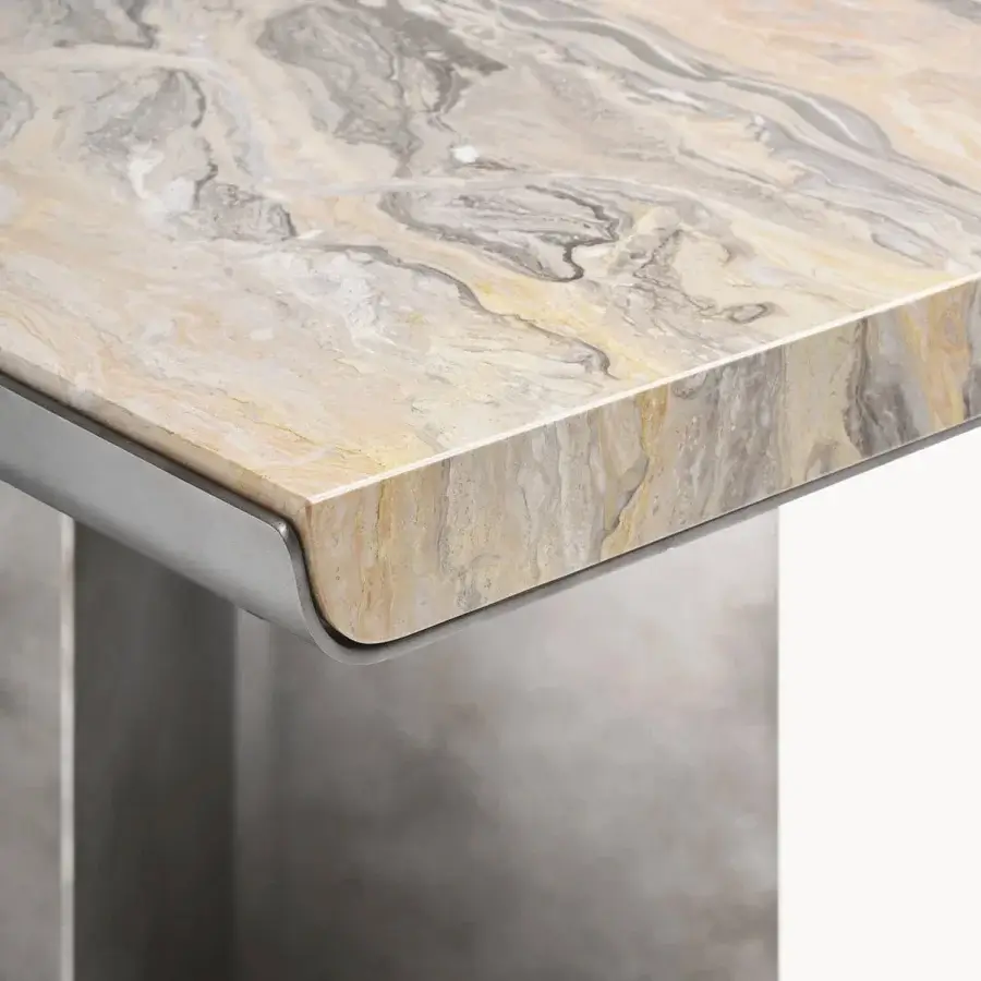 Elegant Visionnaire Catskill table with polished marble top veined beige cream grey ochre and matte grey metal chassis