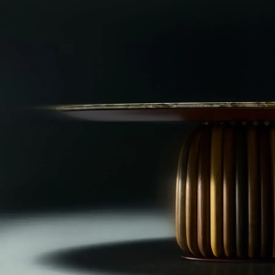 Luxury Visionnaire Macrodosing Table with marble top on matte lacquered MDF, convex multicolor finish base, metal plinth
