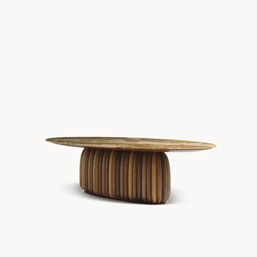 Premium Visionnaire Macrodosing table with glossy marble top, matte lacquered MDF base, ash convex structure and oak accents