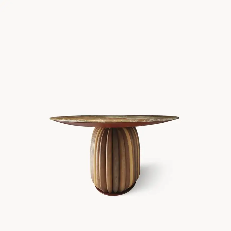 Luxury table with marble top on matte lacquered MDF base, ash frame featuring open-pore multicolor ribs tan, brown, grey