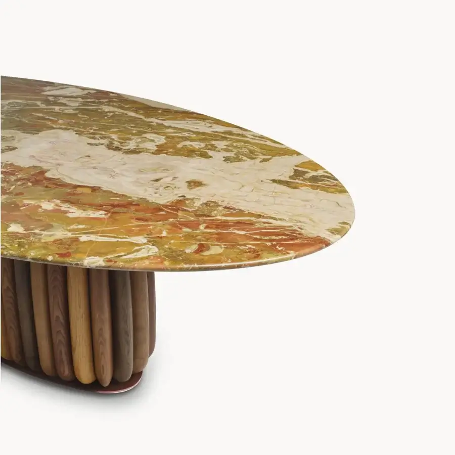 Luxury Visionnaire Macrodosing Table with glossy oval marble top and lacquered MDF under‑top, showcasing cream gold hues