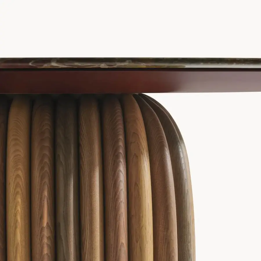Elegant Visionnaire Macrodosing Table with polished marble top mottled brown‑black pattern, dark reddish‑brown rim, convex ash wood base grain
